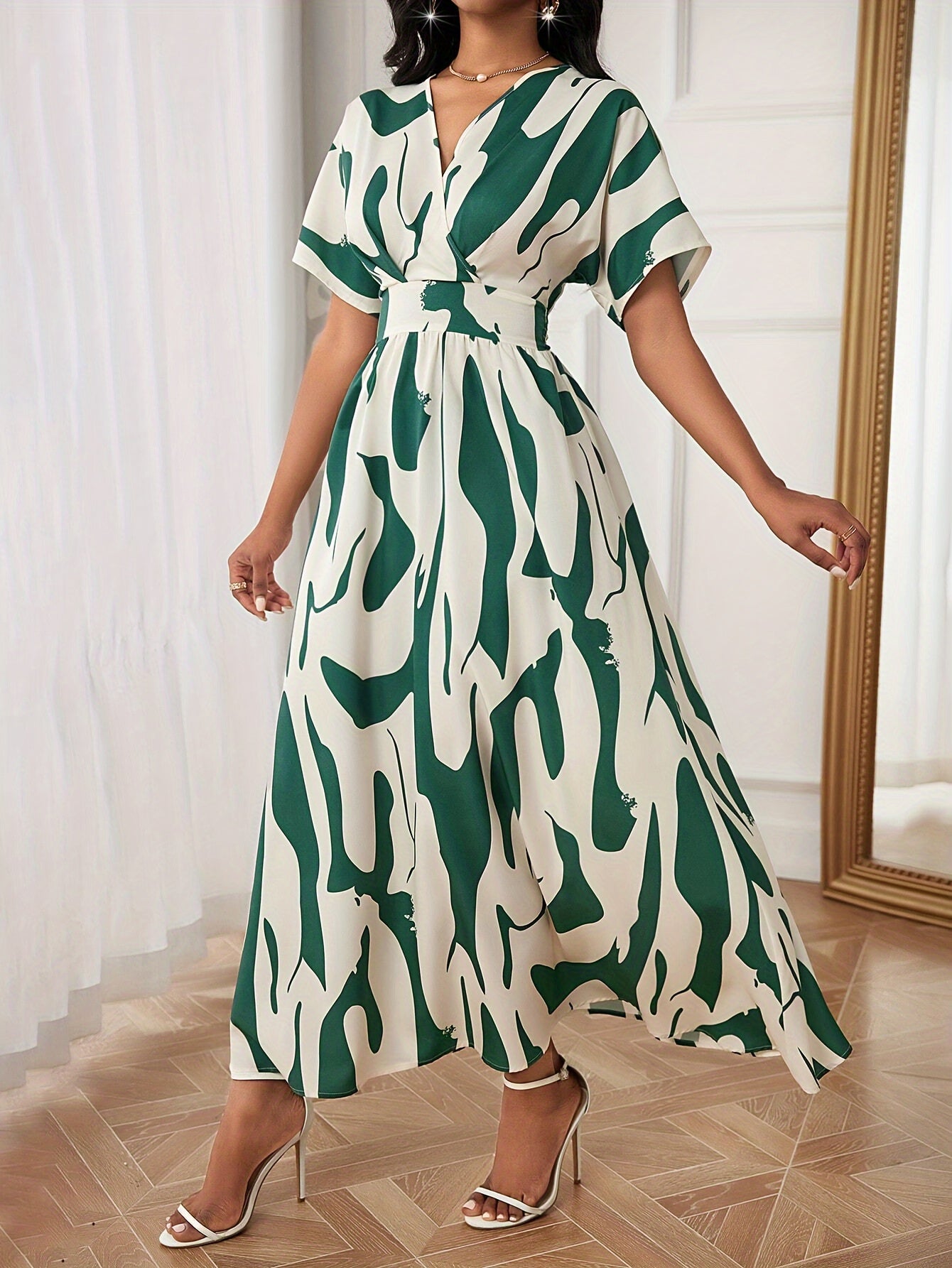 Vibrant Colorblock A-line Dress - Elegant Women's Spring & Summer Dresses with Cinched Waist, V Neck, Short Sleeves, and Flared Hem - Perfect for Outdoor Activities and Casual Events